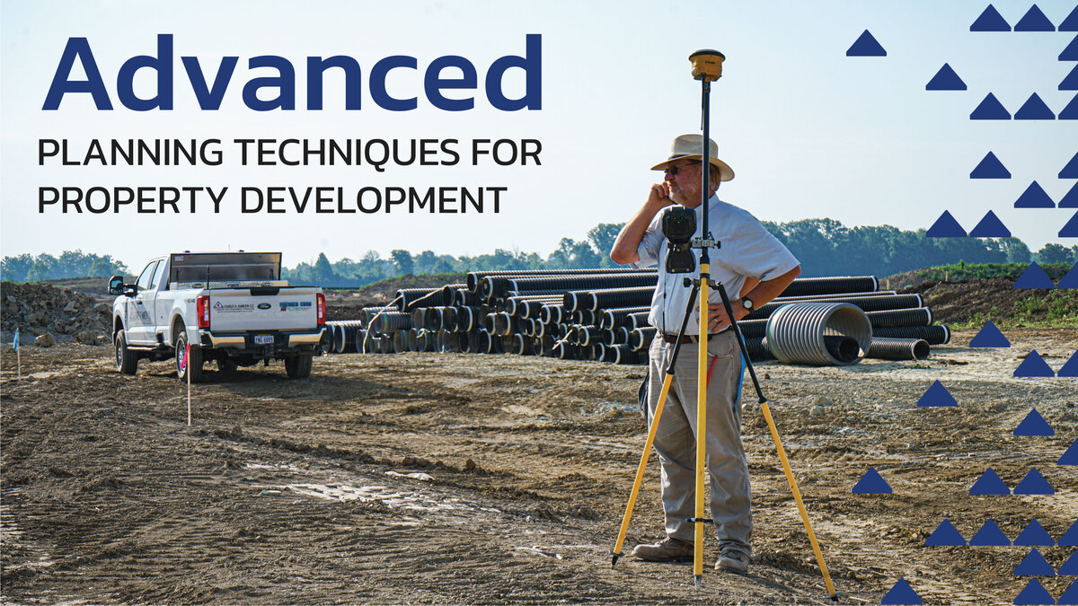 A man speaks on the phone while standing next to land surveying equipment at construction site text reads advanced planning techniques for property development