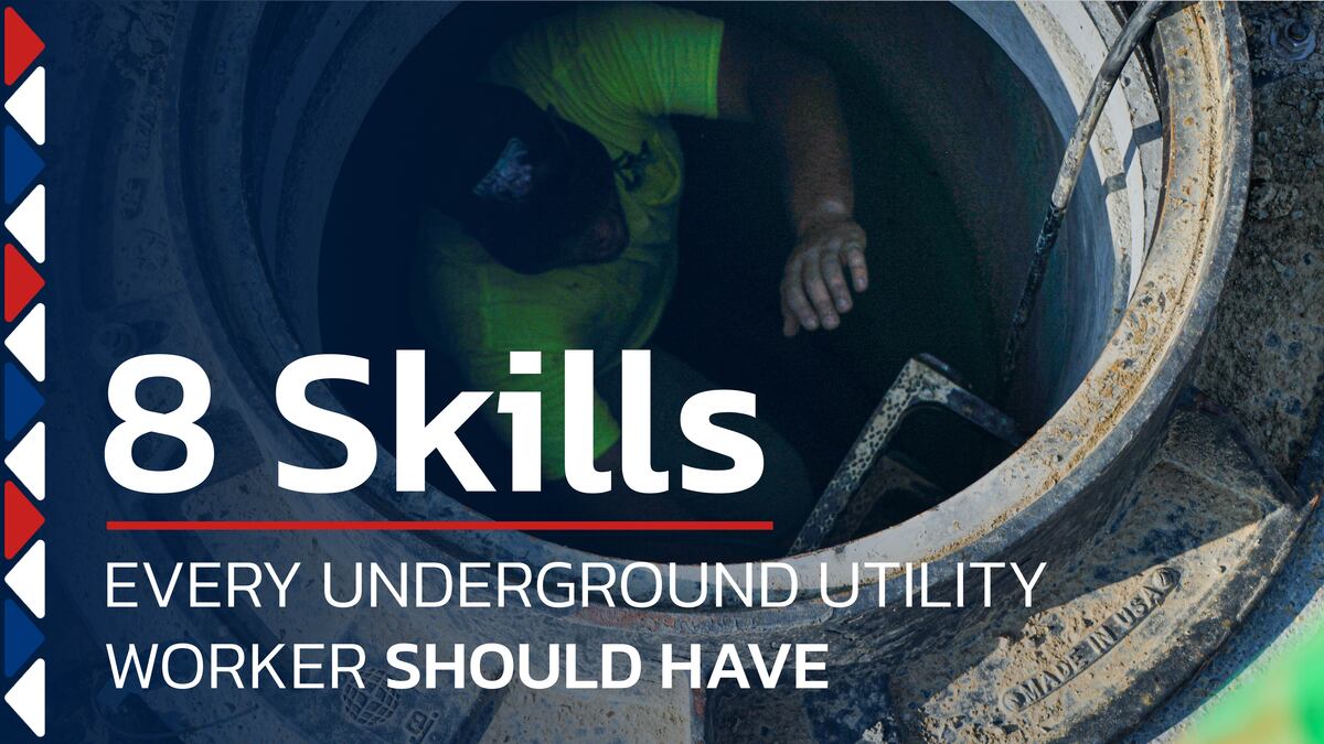 a man climbs up the ladder in an underground access tunnel texts reads 8 Skills Every Underground Utility Worker Should Have